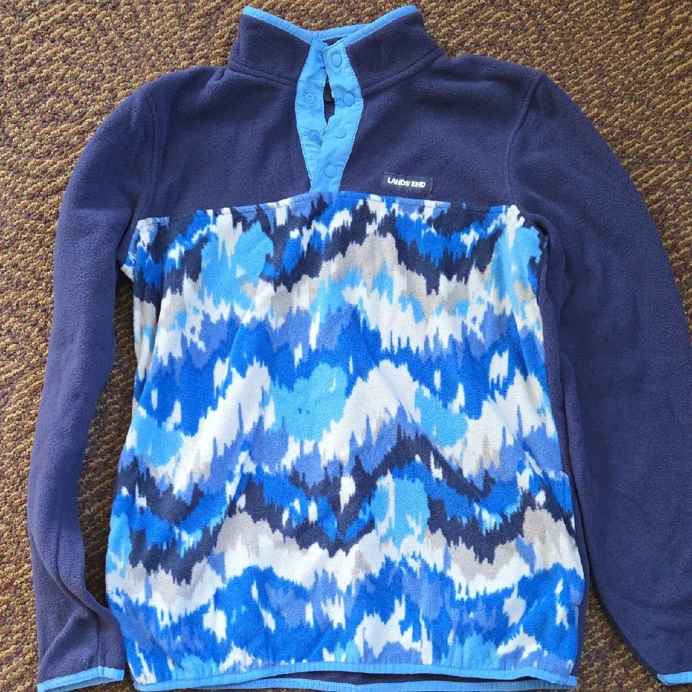 Lands' End Blue and White Patterned Fleece Hoodie